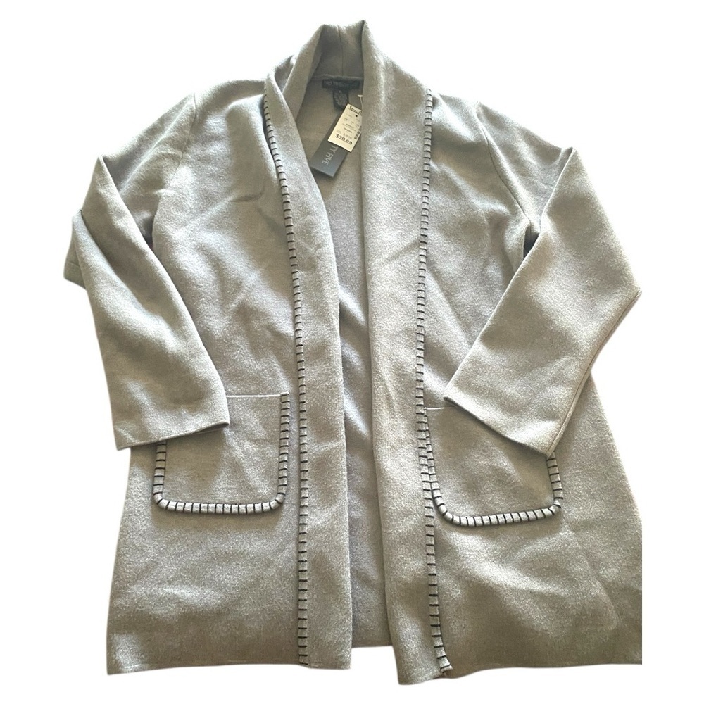 Gray Textured Knit Cardigan Sweater Open Front